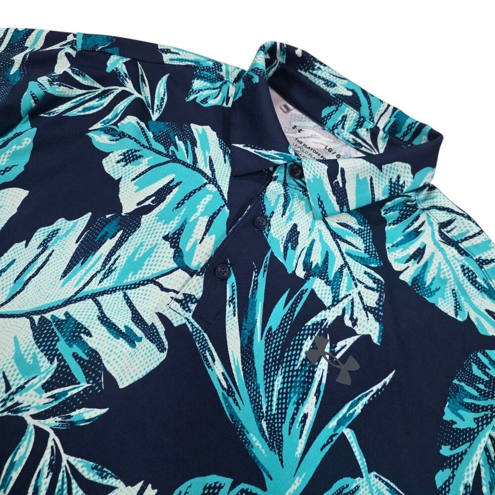 Under Armour Playoff Polo Shirt Mens Large L Blue Teal Floral Tropical Golf UA
